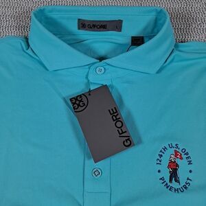 G Fore NWT 124th US Open Pinehurst Logo Aqua Blue Golf Polo L Pray For Birdies